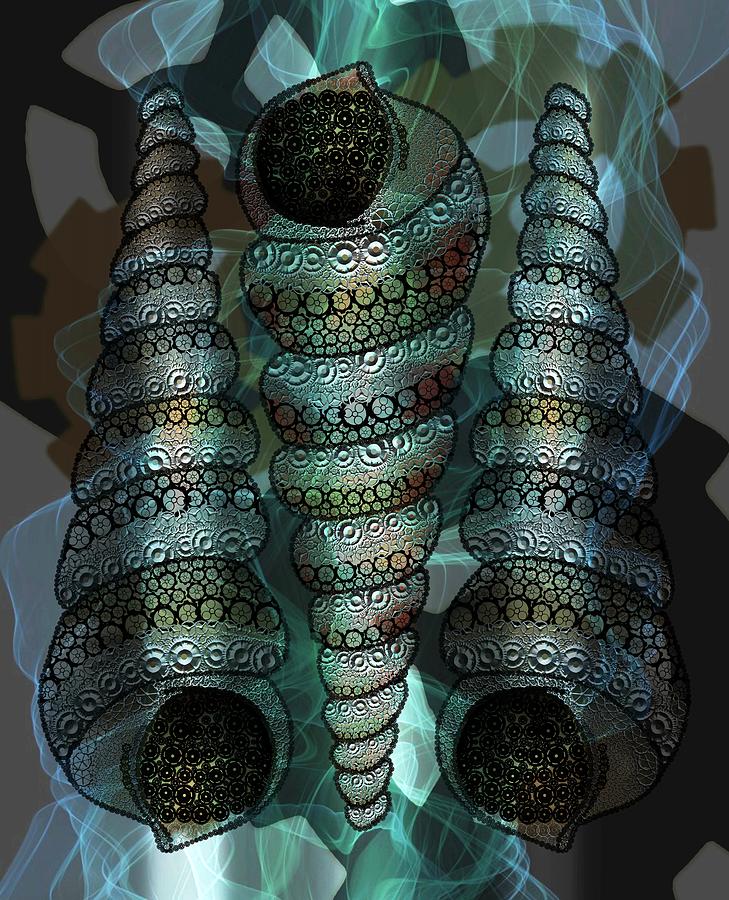 Three Turritella Seashells Steampunked Digital Art by Joan Stratton