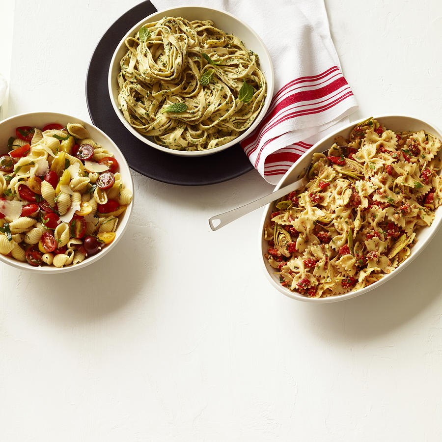Three types of Pasta in Serving Bowls Photograph by Annabelle Breakey
