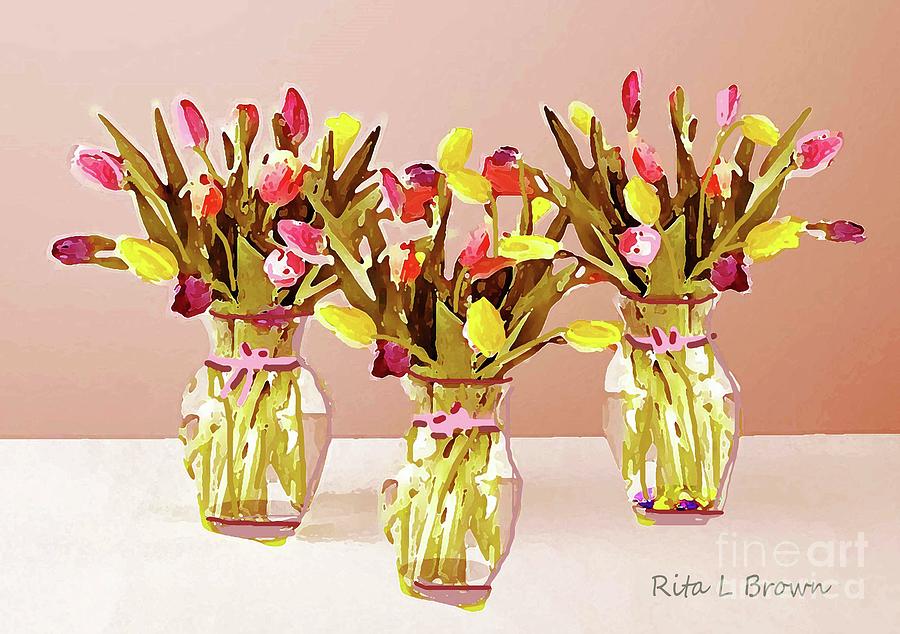 Three Vases of Tulips Painting by Rita Brown
