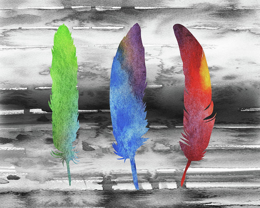 Three Watercolor Feathers On Gray Painting by Irina Sztukowski