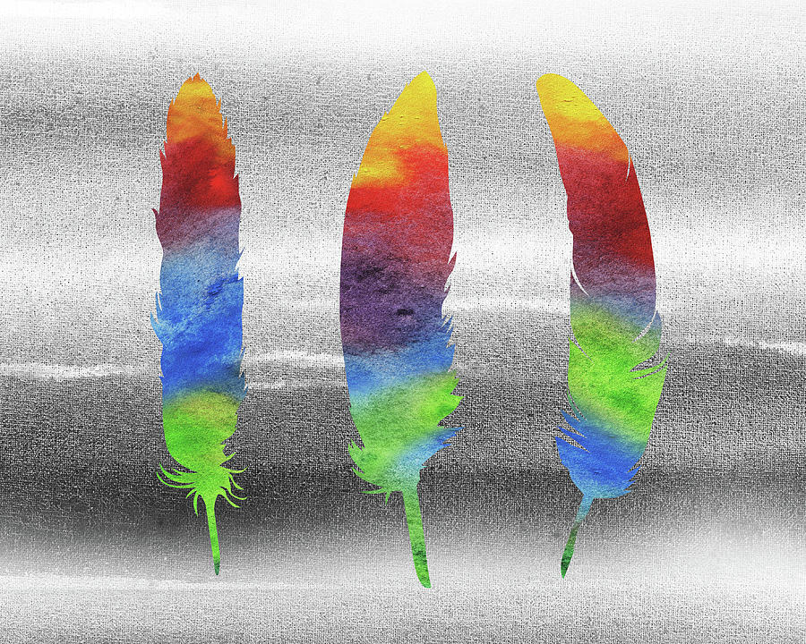 Feather Painting - Three Watercolor Feathers On Soft Gray by Irina Sztukowski