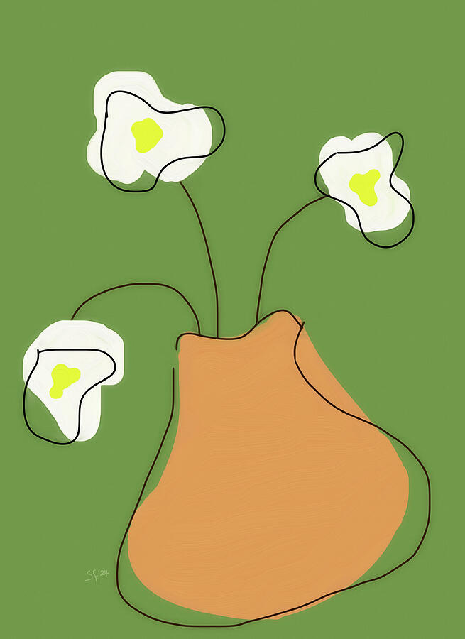 Three White Flowers in a Vase Minimalist Painting Digital Art by Shelli Fitzpatrick