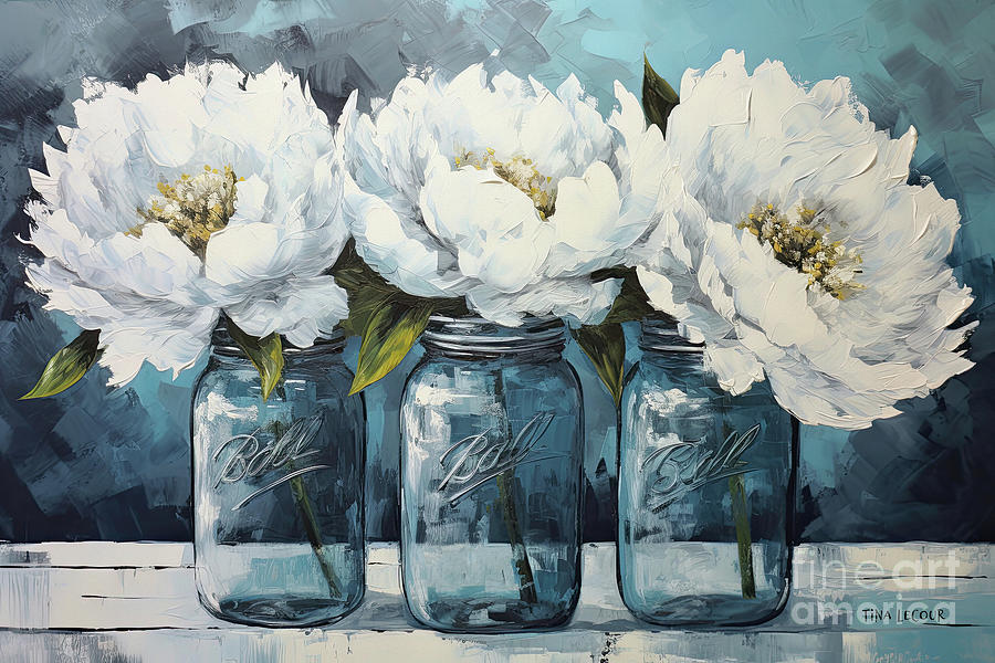 Three White Peonies Painting by Tina LeCour