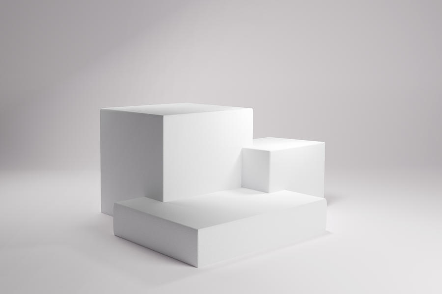 Three white square podiums or stages for cosmetics over clean background with sun light. Perfect for demonstrating your product. Front view. Three dimensional Photograph by Anna Efetova