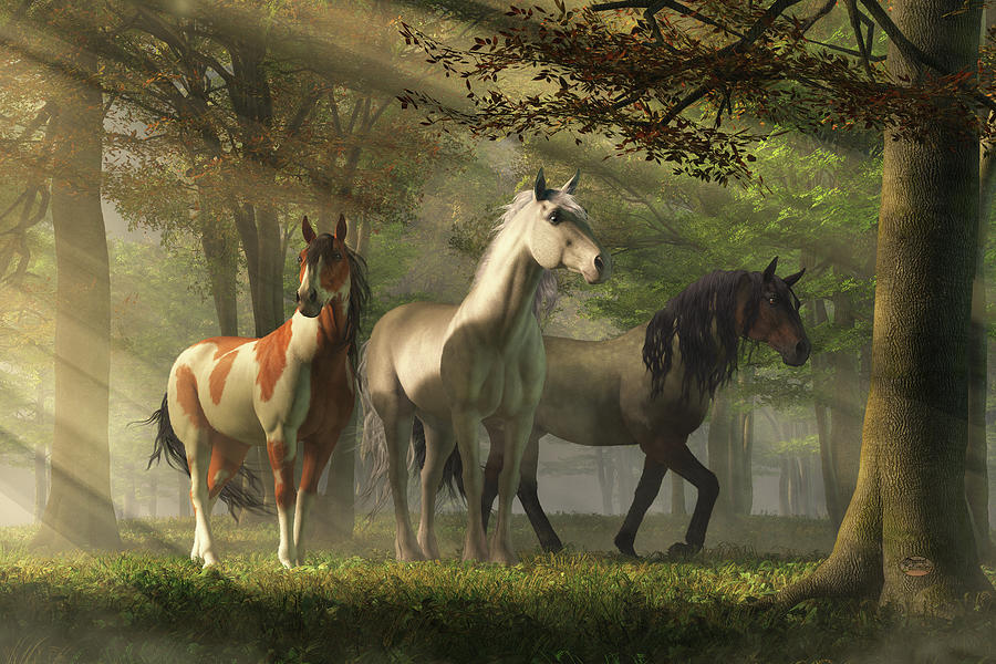 Three Wild Horses In The Forest Digital Art