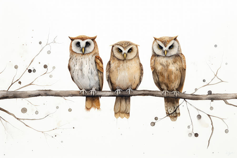 Three Wise Owls Painting by Lourry Legarde