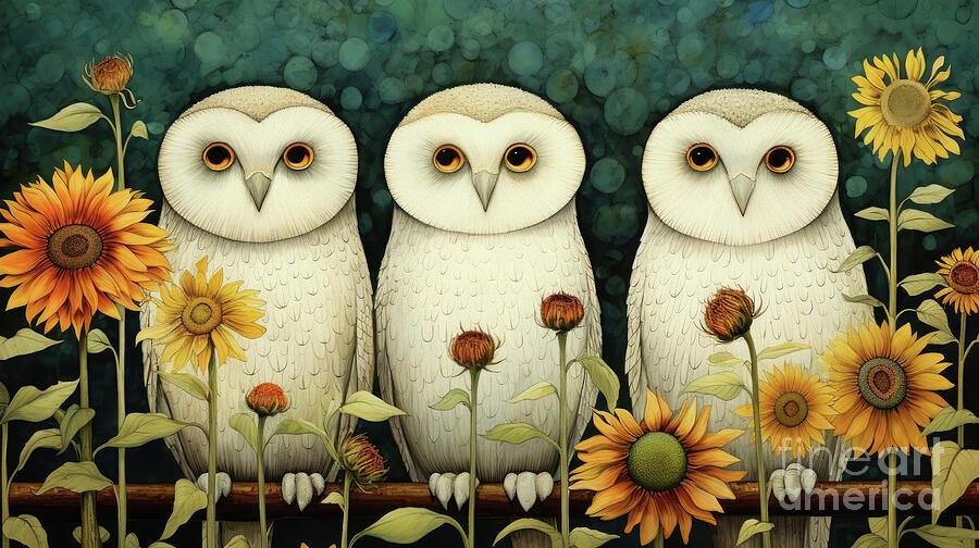 Three Wise Owls Painting by Tina LeCour Three Wise Owls Painting by Tina LeCour