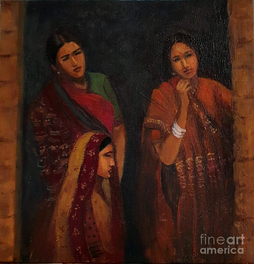 Three women at the door Painting by Asha Sudhaker Shenoy
