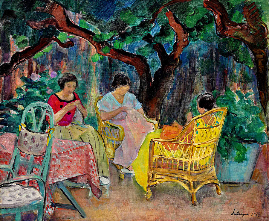 Three Women Sewing in a Garden Painting by Henri Lebasque
