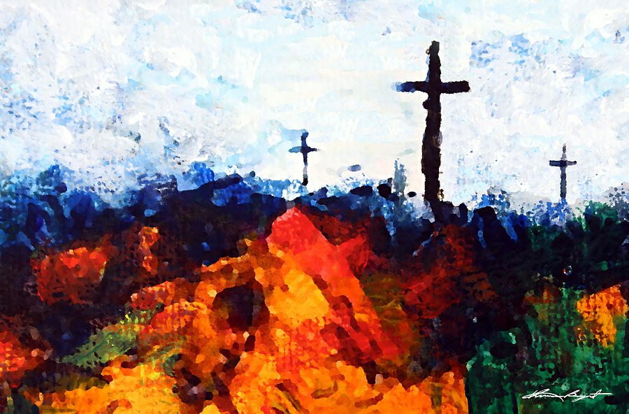 Abstract Digital Art - Three Wooden Crosses by Kume Bryant