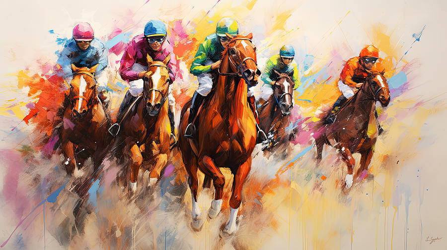 Thrill of the Race - Colorful Horse Racing Impressionist Art Painting by Lourry Legarde