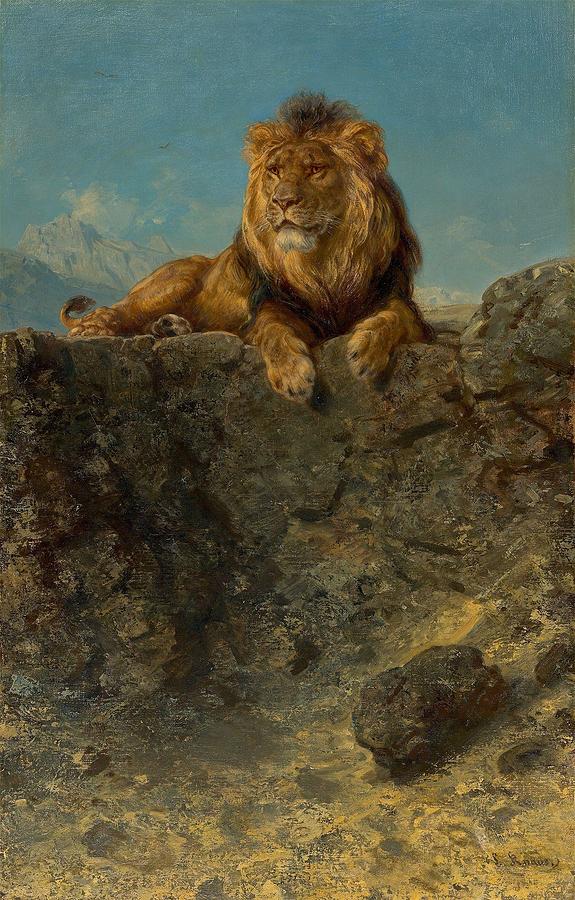 Lion Painting - Throning Lion by Ludwig Knaus