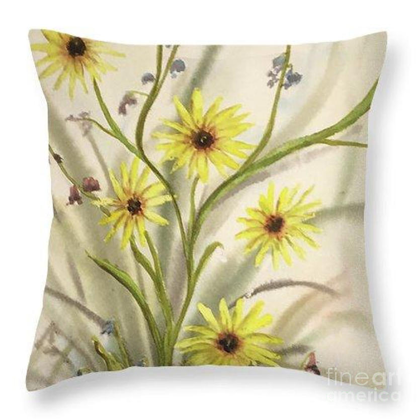 Throw Pillow Sunflowers and Blue Bells  Painting by Catherine Ludwig Donleycott