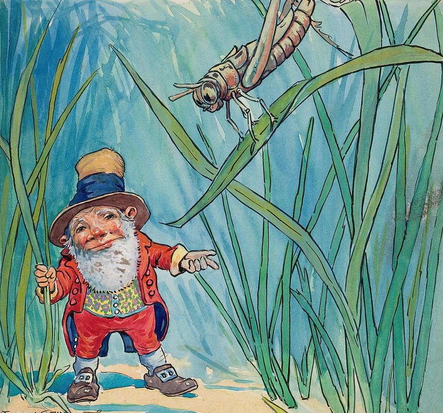 Christmas Drawing - Thumbkins Ran Beneath the Bushes and Down the Tiny Path Until He Came to Where Tommy Grasshopper Sat by Johnny Gruelle American