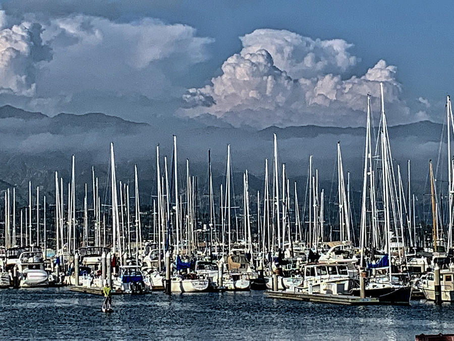 Thunder Cloud and Fog Over Santa Barbara Harbor Yachts Photograph by Bonnie Colgan