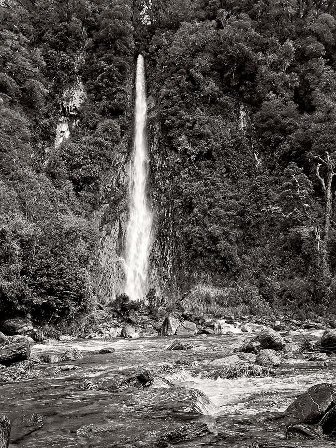 Thunder Creek Falls BW- New Zealand Photograph by Steven Ralser