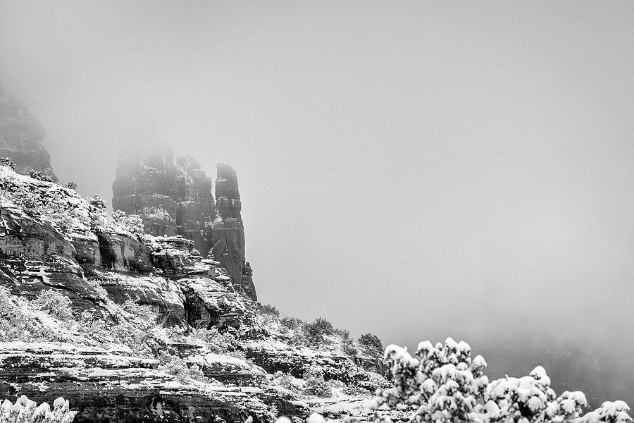 Black And White Photograph - Thunder Mountain in Sedona Arizona Winter Snow by Good Focused