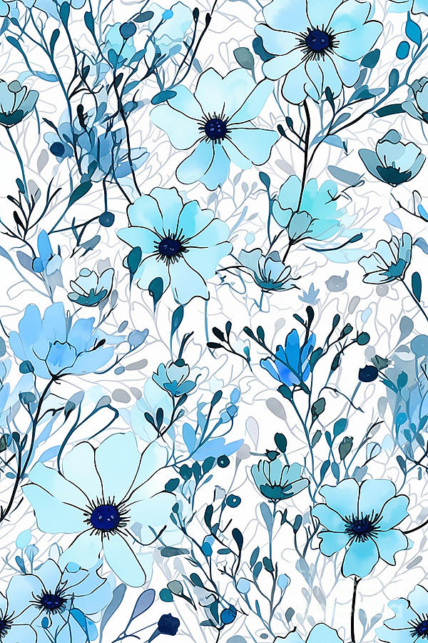 Thylia - Pale Blue Scattered Flowers Digital Art