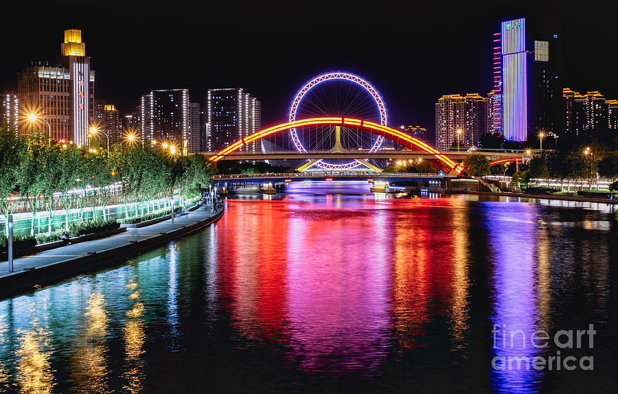 Bridge Photograph - Tianjin Night Riverscape by Iryna Liveoak
