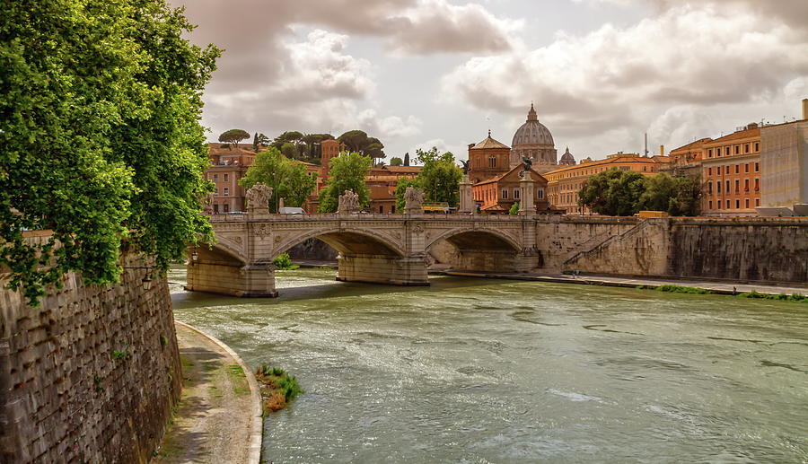 Tiber river, Ponte SantAngelo and St. Peters cathedral, Roma, Photograph by Elenarts - Elena Duvernay photo