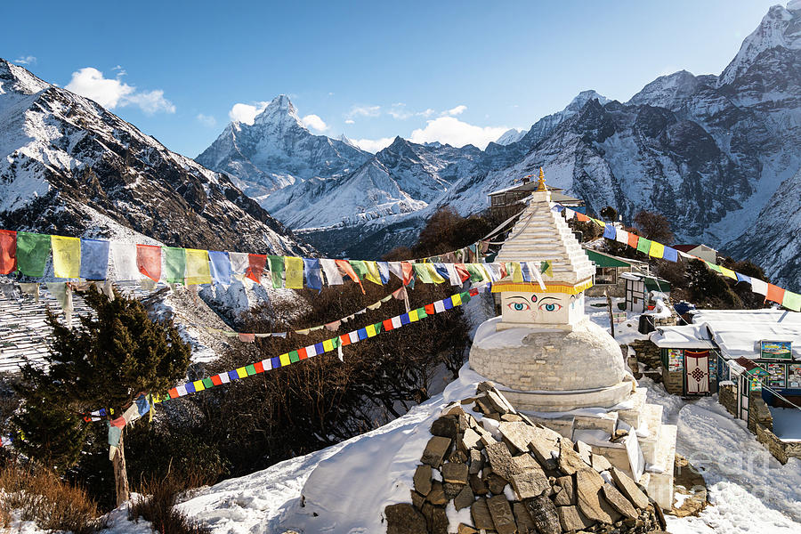 Tibetan Buddhism stupa at the top of the Mong La pass in the Him Photograph by Didier Marti