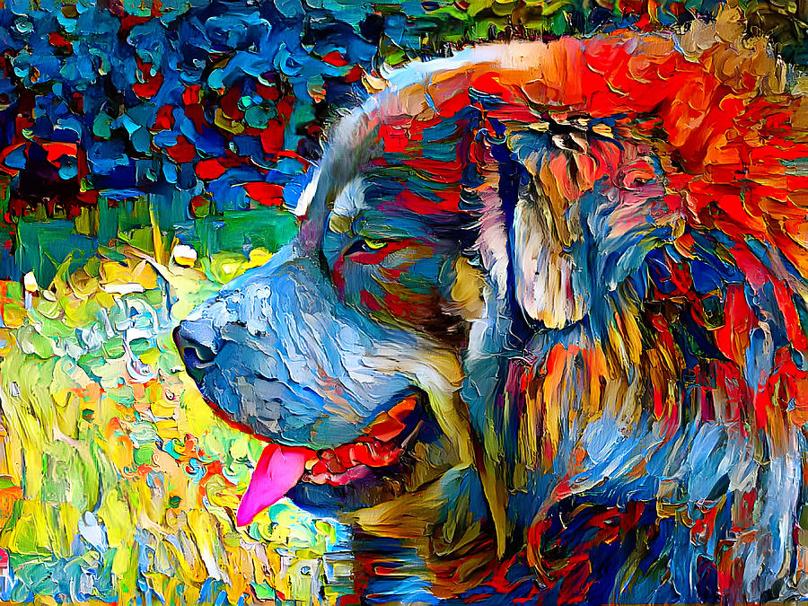 Tibetan Mastiff dog sitting profile with its mouth open - colorful palette knife oil texture Digital Art by Nicko Prints