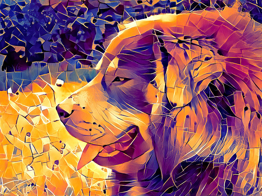 Tibetan Mastiff dog sitting profile with its mouth open - irregular tiles mosaic effect Digital Art by Nicko Prints