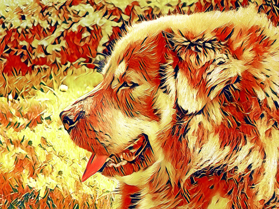 Tibetan Mastiff dog sitting profile with its mouth open - sandwisp and tabasco colors Digital Art by Nicko Prints