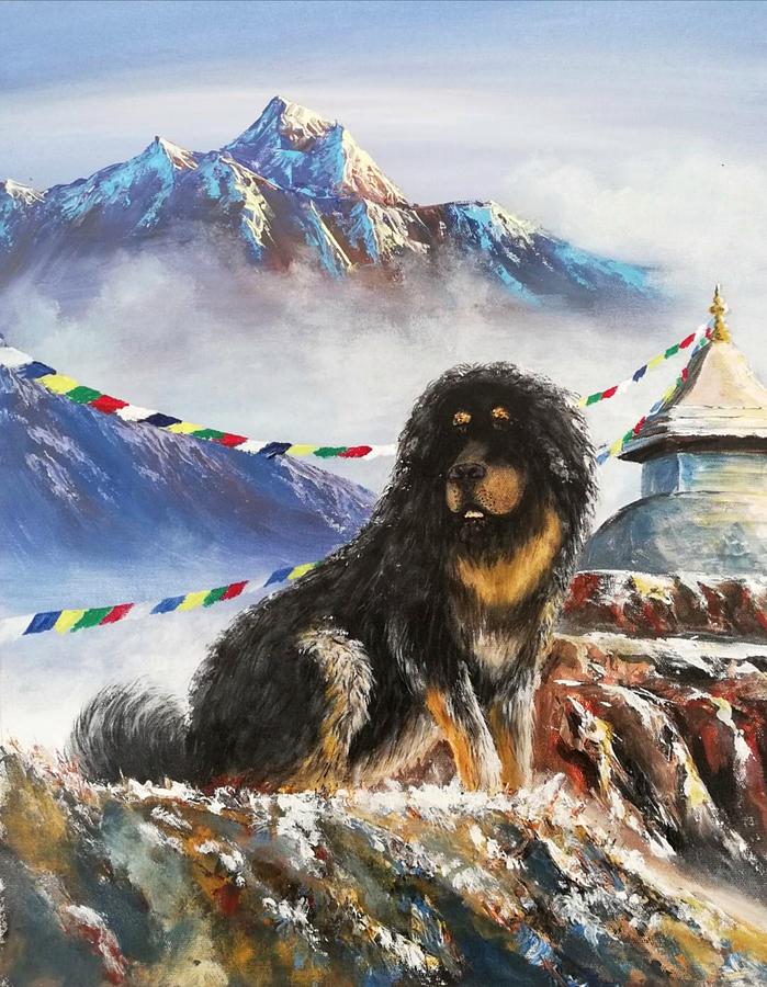 Acrylics Painting - Tibetan Mastiff with Stupa and Prayer Flags by Juliette Cunliffe