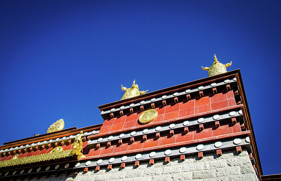 Tibetan Monastery with blue sky. Photograph by Adelaide Lin