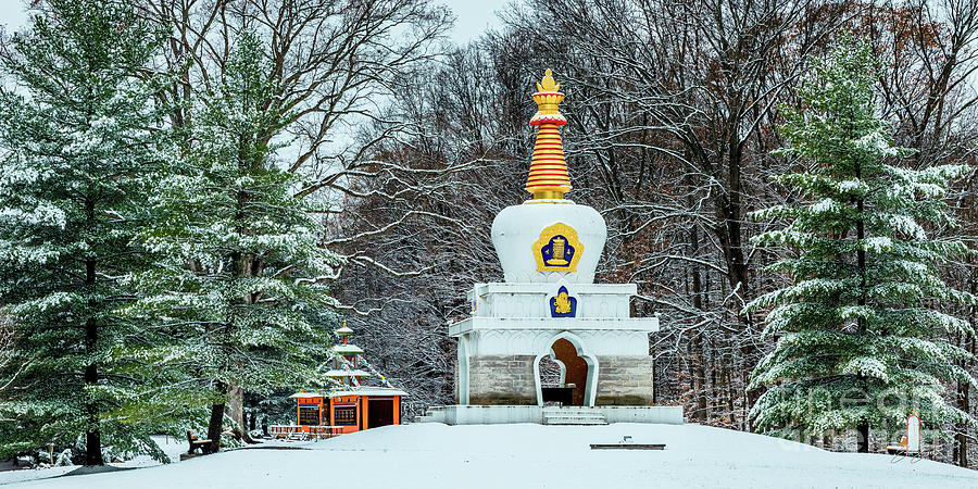Tibetan Mongolian Buddhist Cultural Center Temple Forrest Snow 2 to 1 Ratio Photograph by Aloha Art