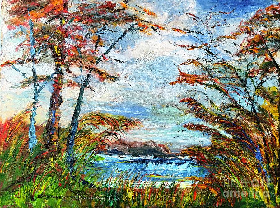 Colorful Cheerful Autumn Lake Oil Painting  Painting by Catherine Ludwig Donleycott