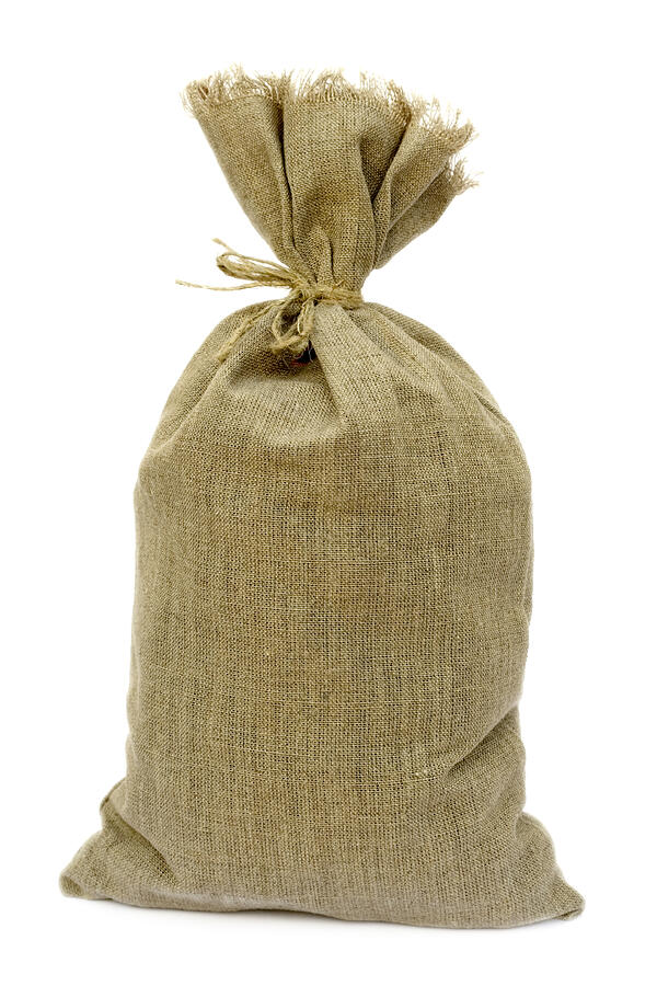 Tied brown hemp sack against a white background Photograph by Amphotora