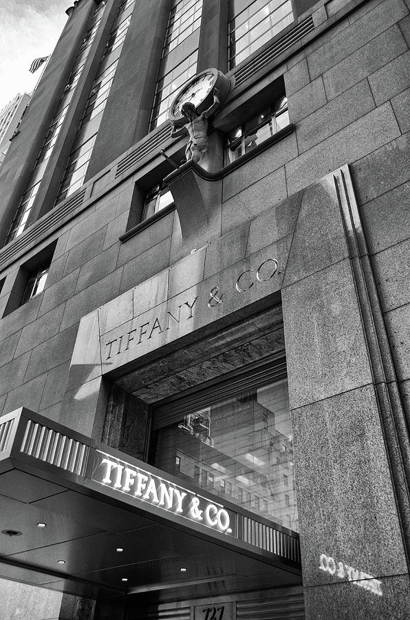 Tiffany and CO aka Tiffanys Atlas Clock Manhattan NYC New York City Landmark Black and White Photograph by Shawn OBrien