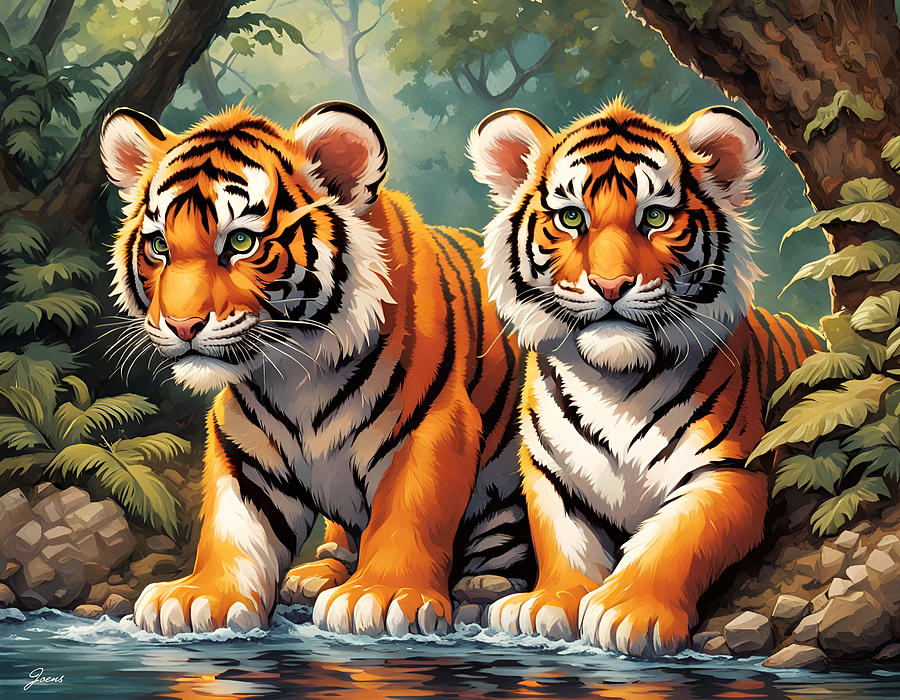 Animal Digital Art - Tiger Cubs by Greg Joens