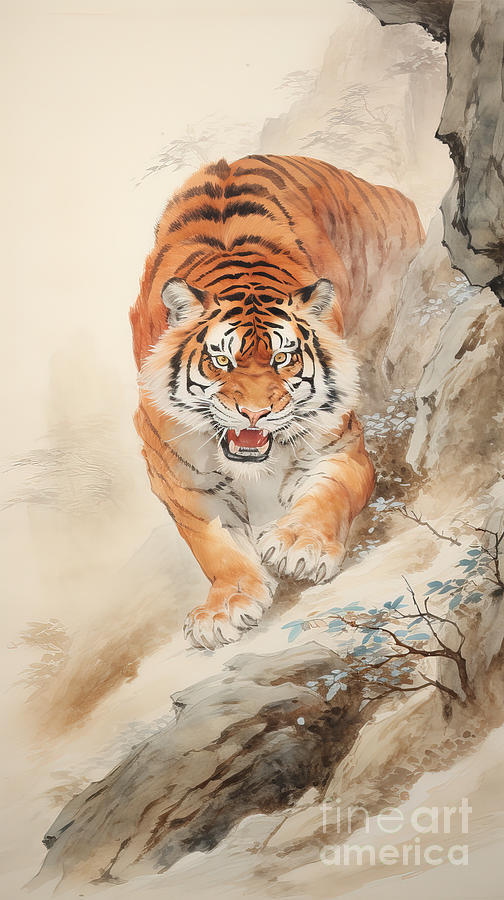 Tiger Descending from the Mountain Drawing by Carlos Diaz