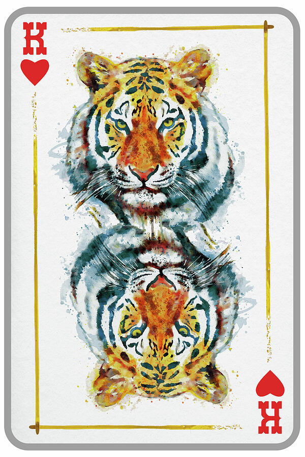 Wildlife Mixed Media - Tiger Head King of Hearts Playing Card by Marian Voicu