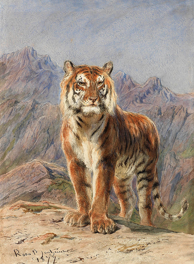Tiger in a mountain landscape Drawing by Rosa Bonheur