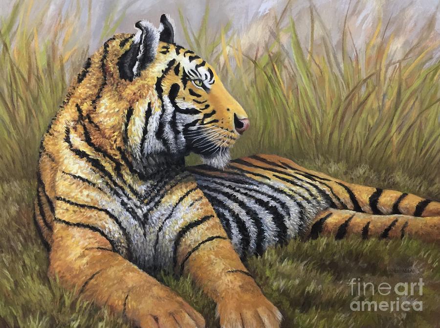 Tiger in Grass Pastel by Wendy Koehrsen