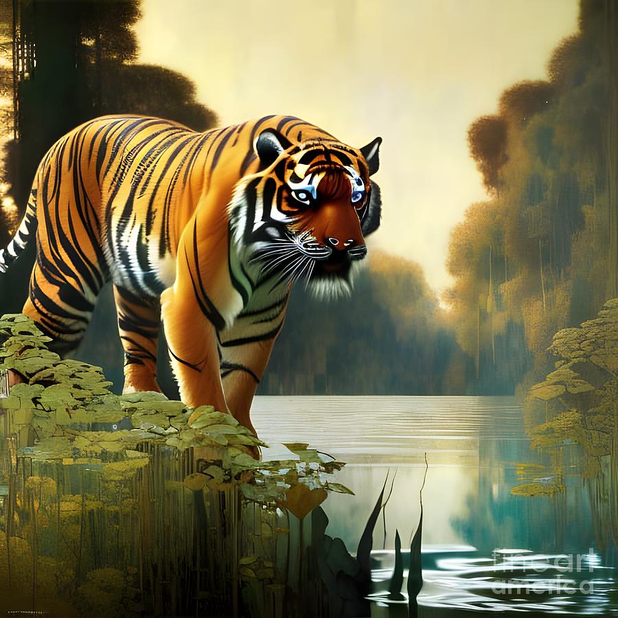 Tiger in lake Digital Art by Satyen Nundloll - Fine Art America