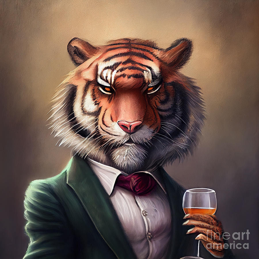 Nature Painting - Tiger In Suit Having Drink by N Akkash