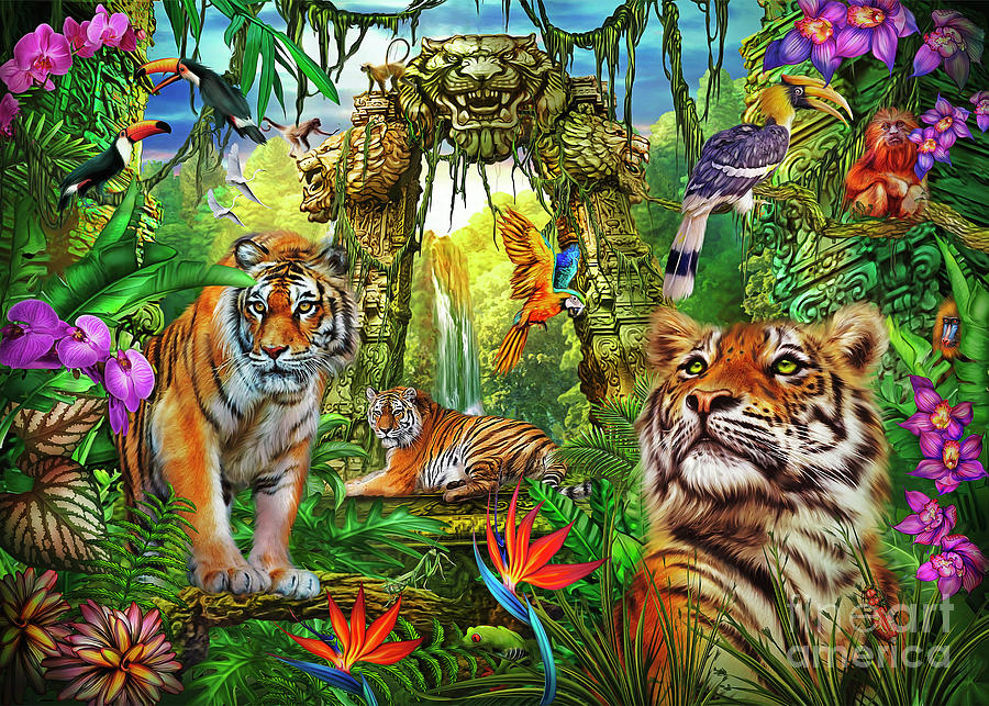 Tiger Digital Art - Tiger Jungle Ruins by MGL Meiklejohn Graphics Licensing