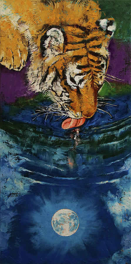 Tiger Painting - Tiger Drinking from the Moon by Michael Creese