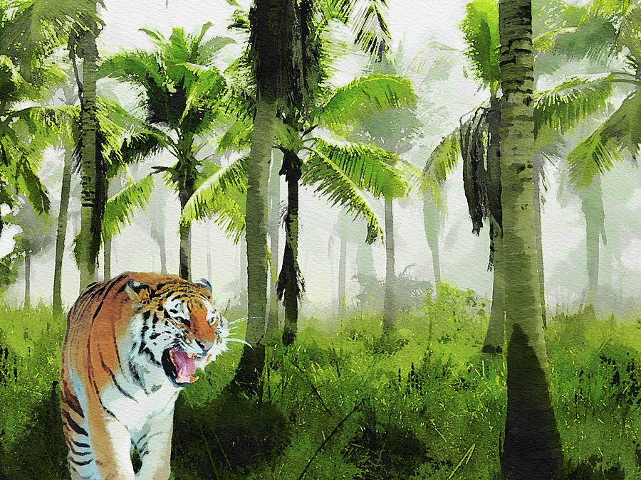 Tiger On The Hunt In The Jungle Painting
