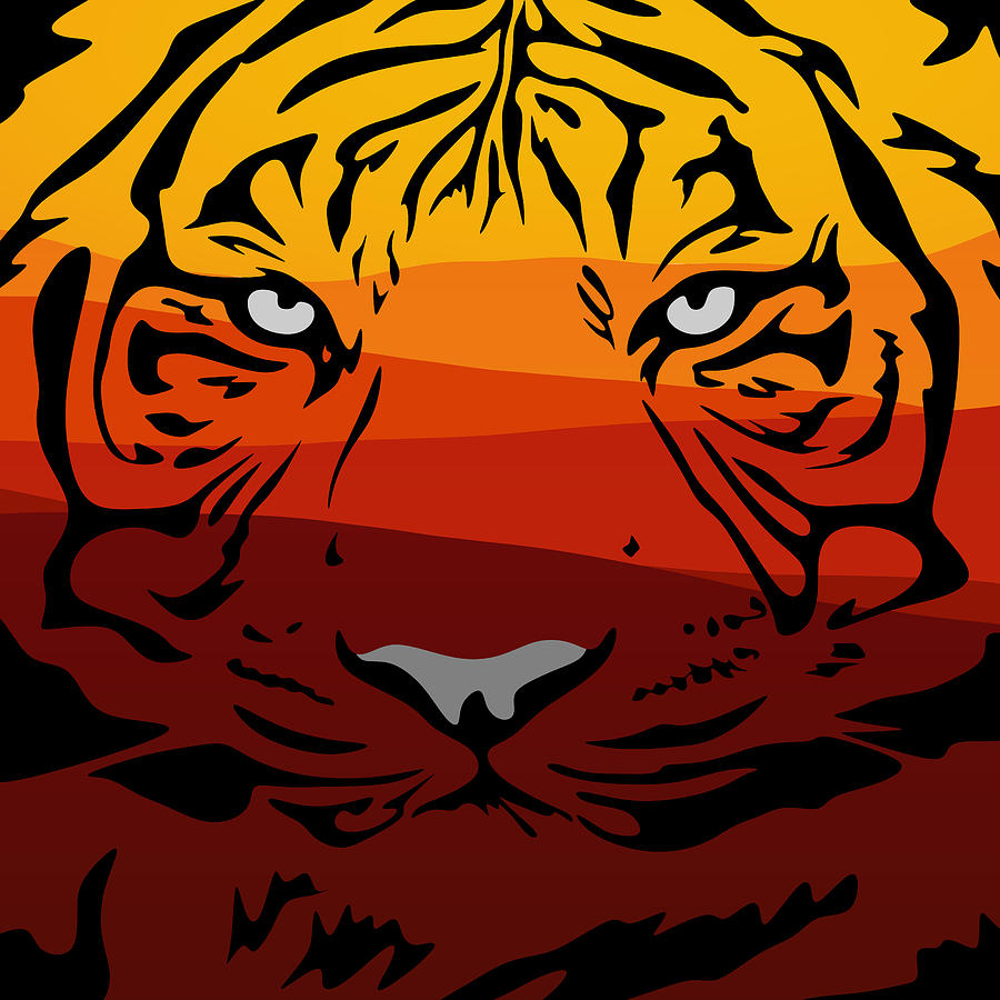 Sunset Drawing - Tiger pattern animal design flat texture colorful landscape safari sihouette red yellow orange color by Mounir Khalfouf