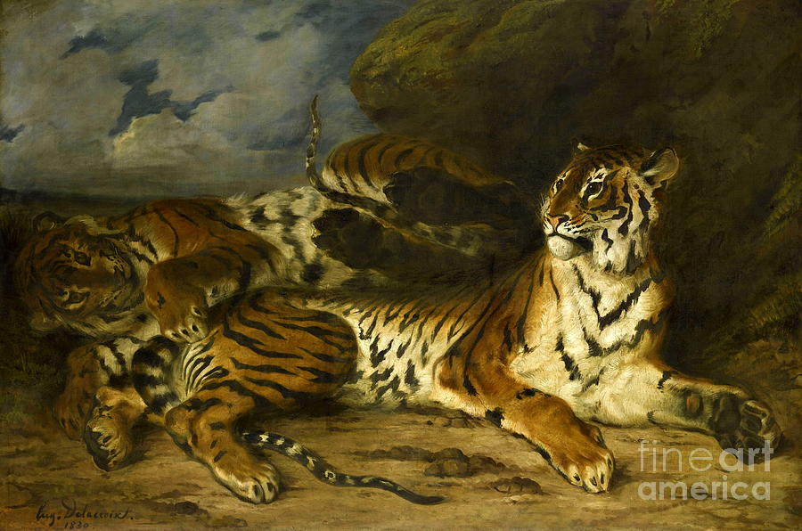 Tiger playing with his mother Painting by Eugene Delacroix