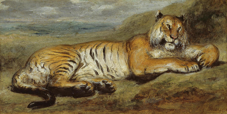 Tiger Resting. Pierre Andrieu, French, 1821-1892. Painting by Pierre Andrieu