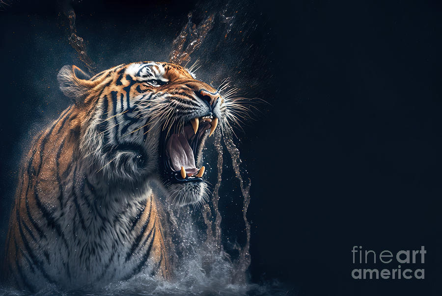 Tiger roar and water splashing. Energy and power AI generative illustration Photograph by Michal Bednarek