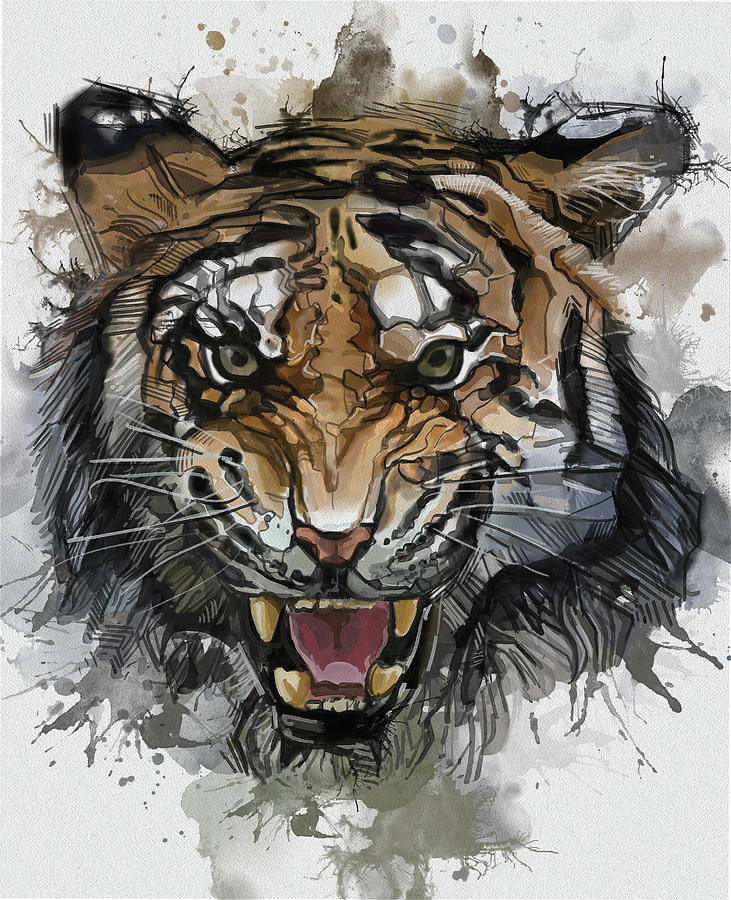 Tiger Roaring Watercolor Digital Art