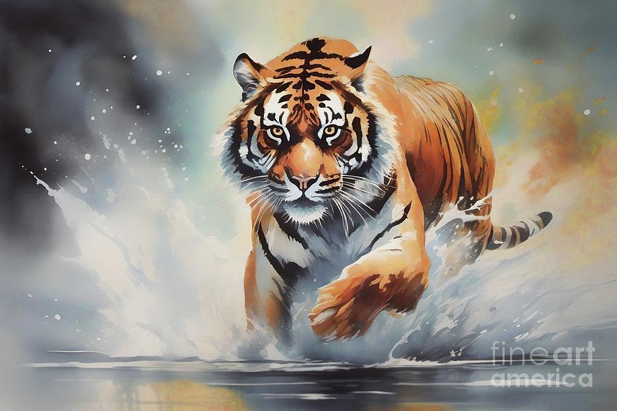 Tiger Running In Water - 02435 Digital Art by Philip Preston